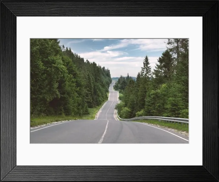 Framed Print : Curvy mountain road serpentine in green summer forest. Ukraine, Carpathian mountains. Landscape photography