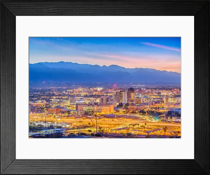 Framed Print : Tucson, Arizona, USA downtown skyline from Sentinel Peak at dawn Framed Print : Tucson, Arizona, USA downtown skyline from Sentinel Peak at dawn