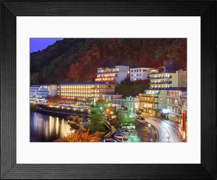 Framed Print : Lake Kawaguchi, Yamanashi, Japan with resorts along the lakeside at dusk in autumn Framed Print : Lake Kawaguchi, Yamanashi, Japan with resorts along the lakeside at dusk in autumn