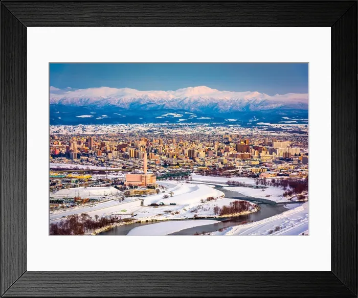 Framed Print : Asahikawa, Japan winter cityscape in Hokkaido at dusk Framed Print : Asahikawa, Japan winter cityscape in Hokkaido at dusk