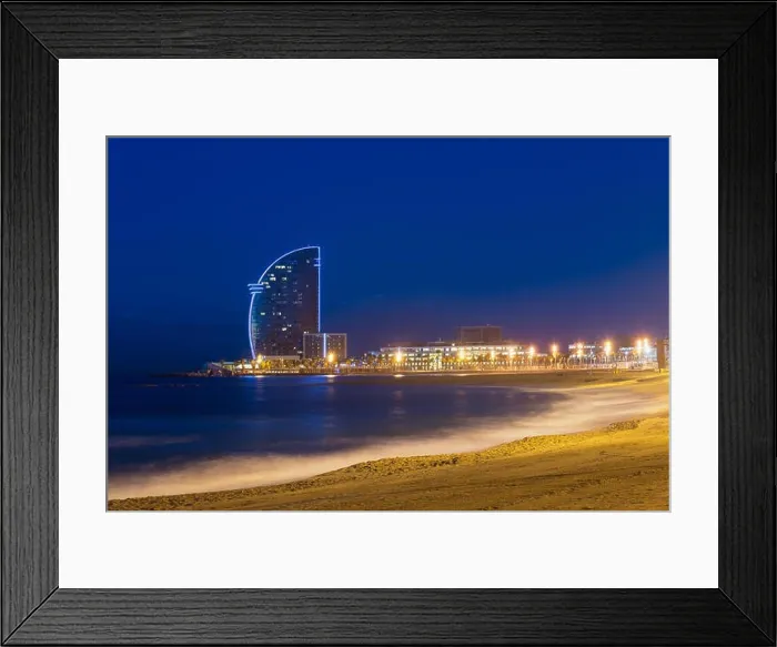 Framed Print : View of Barcelona Beach in summer night along seaside in Barcelona, Spain. Mediterranean Sea in Spain Framed Print : View of Barcelona Beach in summer night along seaside in Barcelona, Spain. Mediterranean Sea in Spain