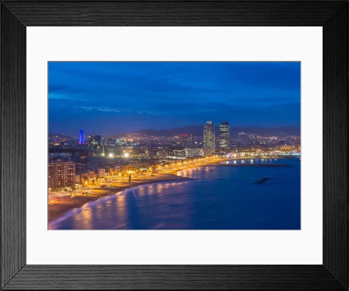 Framed Print : Aerial view of Barcelona Beach in summer night along seaside in Barcelona, Spain. Mediterranean Sea in Spain Framed Print : Aerial view of Barcelona Beach in summer night along seaside in Barcelona, Spain. Mediterranean Sea in Spain