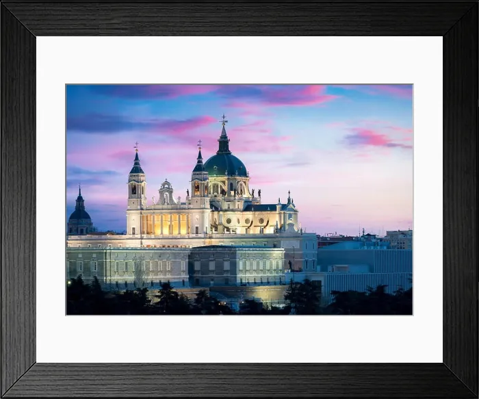 Framed Print : Madrid landmark at night. Landscape of Santa Maria la Real de La Almudena Cathedral and the Royal Palace. Beautiful skyline at Madrid, Spain Framed Print : Madrid landmark at night. Landscape of Santa Maria la Real de La Almudena Cathedral and the Royal Palace. Beautiful skyline at Madrid, Spain