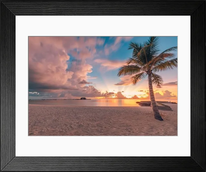 Framed Print : Coconut palms on sand beach in tropical island. Art beautiful sunrise over the tropical beach, paradise landscape, romantic summer destination Framed Print : Coconut palms on sand beach in tropical island. Art beautiful sunrise over the tropical beach, paradise landscape, romantic summer destination