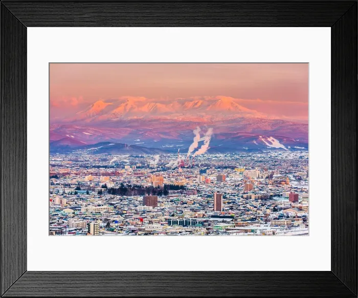 Framed Print : Asahikawa, Hokkaido, Japan town skyline in winter Framed Print : Asahikawa, Hokkaido, Japan town skyline in winter
