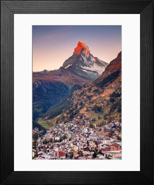 Framed Print : Zermatt, Switzerland. Image of iconic village of Zermatt, Switzerland with the Matterhorn in the background at beautiful sunny autumn sunrise Framed Print : Zermatt, Switzerland. Image of iconic village of Zermatt, Switzerland with the Matterhorn in the background at beautiful sunny autumn sunrise