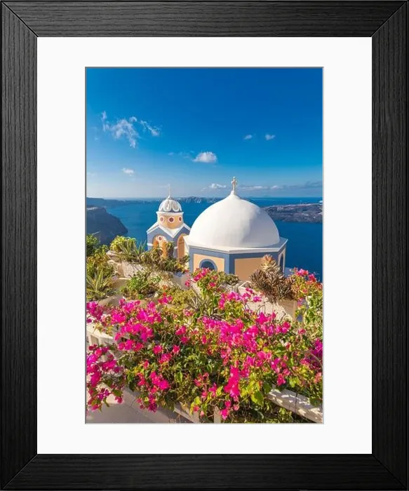Framed Print : Amazing evening view of Santorini island. Picturesque spring sunset on the famous Greek resort Fira, Greece, Europe. Traveling concept background. Art Framed Print : Amazing evening view of Santorini island. Picturesque spring sunset on the famous Greek resort Fira, Greece, Europe. Traveling concept background. Art