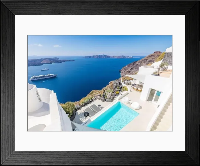 Framed Print : Peaceful view in Santorini, Greece with white architecture cruise ships, Mediterranean summer mood, vacation and travel background. Luxury destination Framed Print : Peaceful view in Santorini, Greece with white architecture cruise ships, Mediterranean summer mood, vacation and travel background. Luxury destination