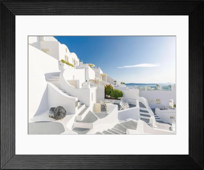 Framed Print : Peaceful view in Santorini, Greece with white architecture cruise ships, Mediterranean summer mood, vacation and travel background. Luxury destination Framed Print : Peaceful view in Santorini, Greece with white architecture cruise ships, Mediterranean summer mood, vacation and travel background. Luxury destination