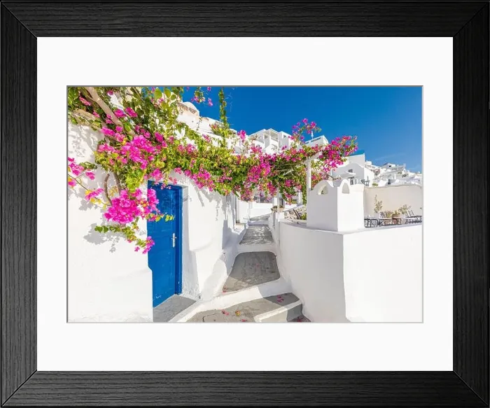 Framed Print : Old blue door and pink flowers, traditional Greek architecture, Santorini island, Greece. Beautiful details of the island of Santorini, white houses Framed Print : Old blue door and pink flowers, traditional Greek architecture, Santorini island, Greece. Beautiful details of the island of Santorini, white houses