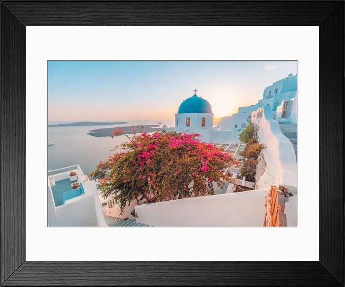 Framed Print : Fantastic sunset landscape of famous travel and vacation destination. Luxury summer adventure concept. Wonderful view of Oia village Santorini, Greece Framed Print : Fantastic sunset landscape of famous travel and vacation destination. Luxury summer adventure concept. Wonderful view of Oia village Santorini, Greece