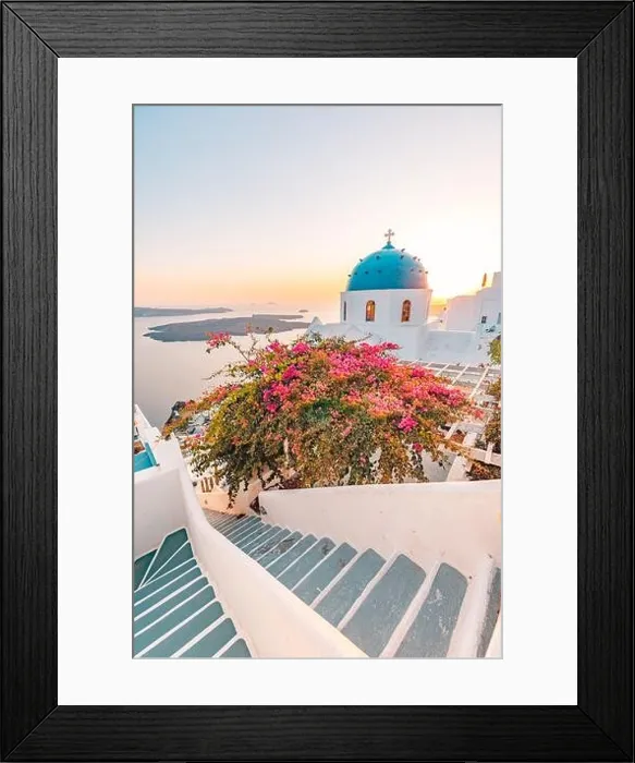 Framed Print : Fantastic sunset landscape of famous travel and vacation destination. Luxury summer adventure concept. Wonderful view of Oia village Santorini, Greece Framed Print : Fantastic sunset landscape of famous travel and vacation destination. Luxury summer adventure concept. Wonderful view of Oia village Santorini, Greece