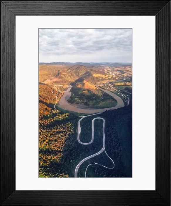 Framed Print : Aerial drone view over the autumn mountains with mountain road serpentine, river and forest. Landscape photography Framed Print : Aerial drone view over the autumn mountains with mountain road serpentine, river and forest. Landscape photography