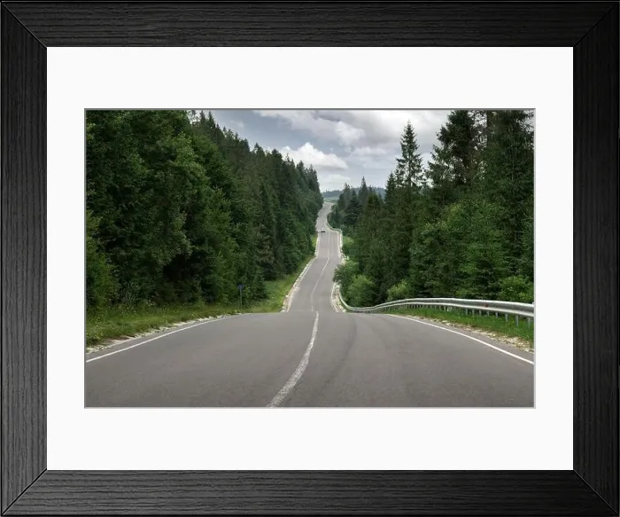 Framed Print : Curvy mountain road serpentine in green summer forest. Ukraine, Carpathian mountains. Landscape photography