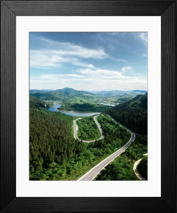 Framed Print : Flight over the summer mountains with mountain road serpentine, river and forest. Ukraine, Carpathian mountains. Landscape photography Framed Print : Flight over the summer mountains with mountain road serpentine, river and forest. Ukraine, Carpathian mountains. Landscape photography