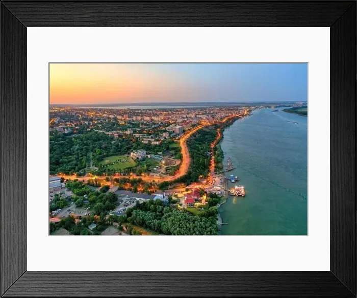Framed Print : Galati, ROMANIA - July 22, 2021: Aerial view of Galati City, Romania. Night city lights after sunset at blue hour Framed Print : Galati, ROMANIA - July 22, 2021: Aerial view of Galati City, Romania. Night city lights after sunset at blue hour