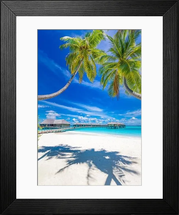 Framed Print : Maldives beach resort panoramic landscape. Tropical vacation beach. Long wooden pier, jetty into paradise island, palm trees, white sand, blue sky Framed Print : Maldives beach resort panoramic landscape. Tropical vacation beach. Long wooden pier, jetty into paradise island, palm trees, white sand, blue sky