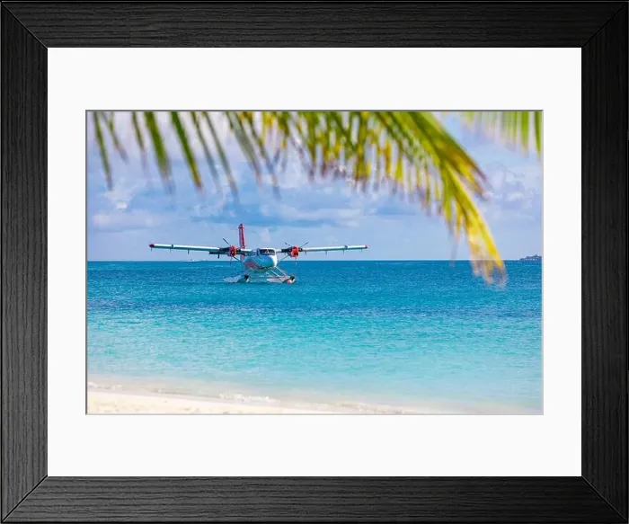 Framed Print : Seaplane at tropical beach resort coast. Luxury summer travel destination with seaplane in Maldives islands. Exotic vacation, exotic transportation Framed Print : Seaplane at tropical beach resort coast. Luxury summer travel destination with seaplane in Maldives islands. Exotic vacation, exotic transportation