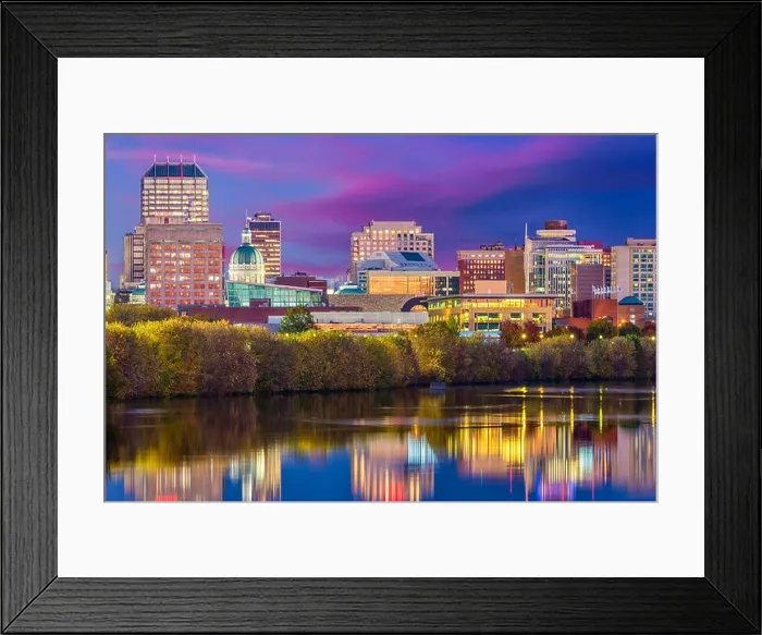 Framed Print : Indianapolis, Indiana, USA skyline on the White River with the state capitol building at dusk Framed Print : Indianapolis, Indiana, USA skyline on the White River with the state capitol building at dusk