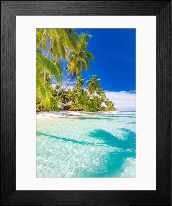 Framed Print : Tranquil beach scene. Sunny exotic tropical beach landscape. Summer vacation holiday concept. Luxury travel destination, idyllic nature, palms, sea Framed Print : Tranquil beach scene. Sunny exotic tropical beach landscape. Summer vacation holiday concept. Luxury travel destination, idyllic nature, palms, sea