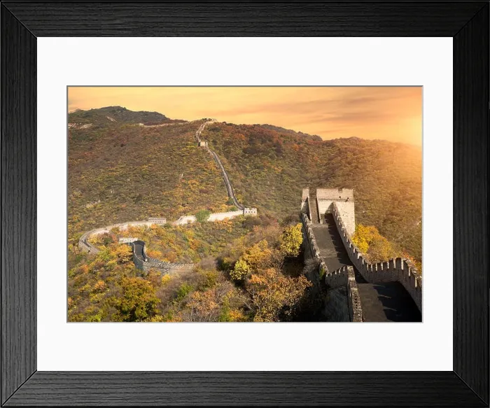 Framed Print : China The great wall distant view compressed towers and wall segments autumn season in mountains near Beijing ancient chinese fortification military l