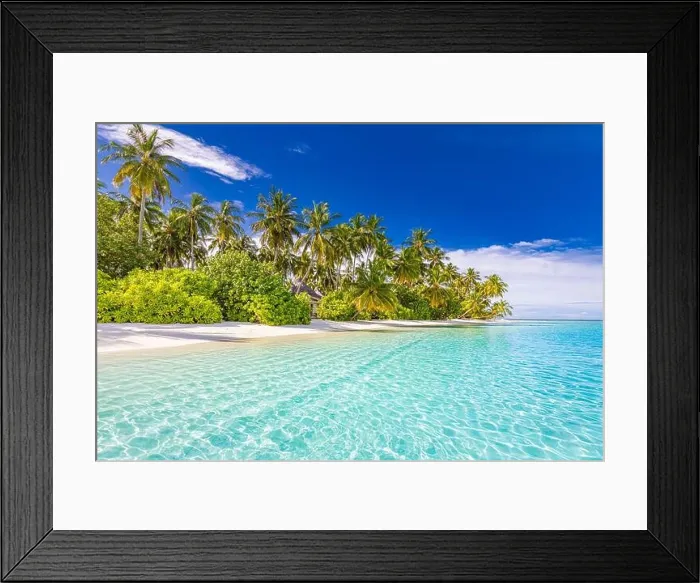 Framed Print : Tranquil beach scene. Sunny exotic tropical beach landscape. Summer vacation holiday concept. Luxury travel destination, idyllic nature, palms, sea Framed Print : Tranquil beach scene. Sunny exotic tropical beach landscape. Summer vacation holiday concept. Luxury travel destination, idyllic nature, palms, sea
