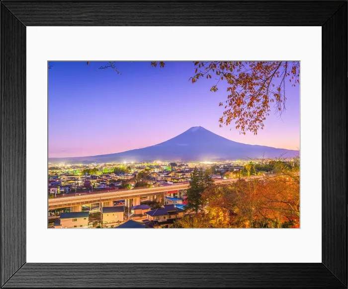 Framed Print : Fujiyoshida, Japan town skyline below Mt. Fuji at twilight during autumn season