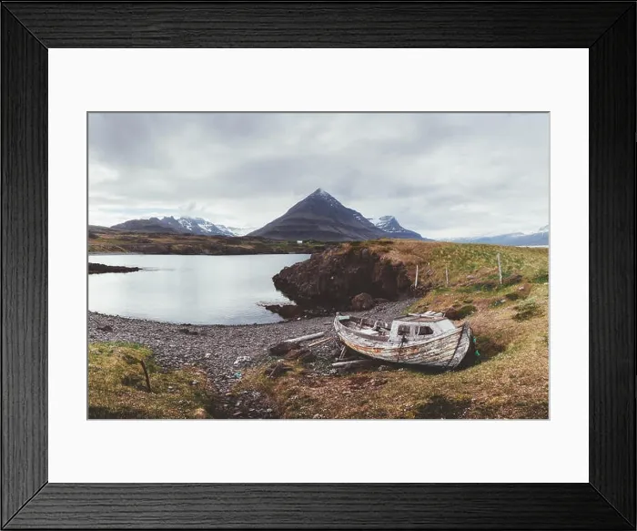 Framed Print : Typical Iceland landscape with fjord, mountains and old ship Framed Print : Typical Iceland landscape with fjord, mountains and old ship