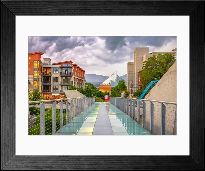 Framed Print : Chattanooga, Tennessee, USA downtown walking path and cityscape at twilight Framed Print : Chattanooga, Tennessee, USA downtown walking path and cityscape at twilight