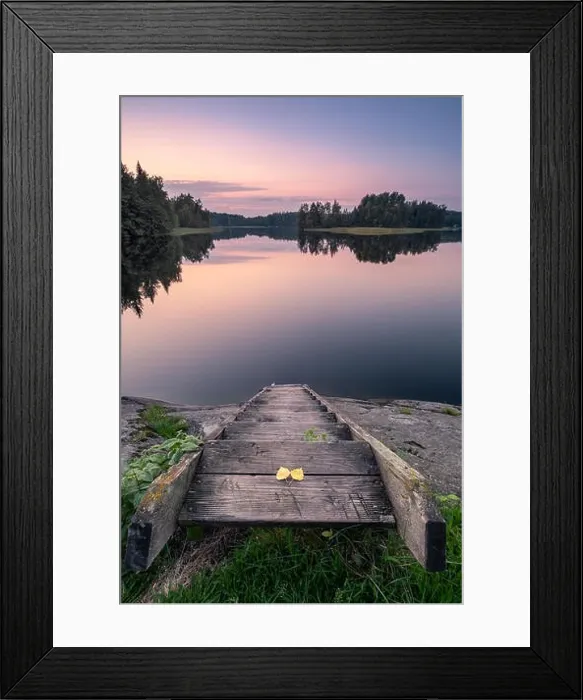 Framed Print : Scenic tranquil landscape with wooden stairs and sunset at autumn evening in Finland Framed Print : Scenic tranquil landscape with wooden stairs and sunset at autumn evening in Finland