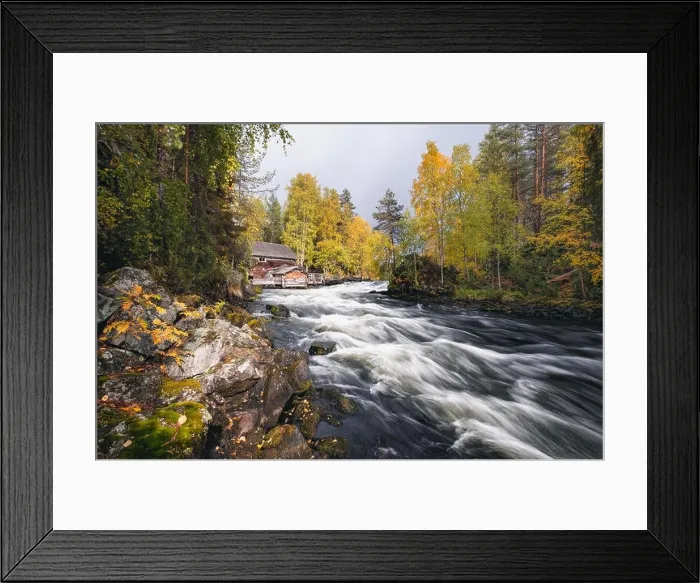 Framed Print : Scenic river landscape with beautiful fall colors at autumn day in National park, Finland