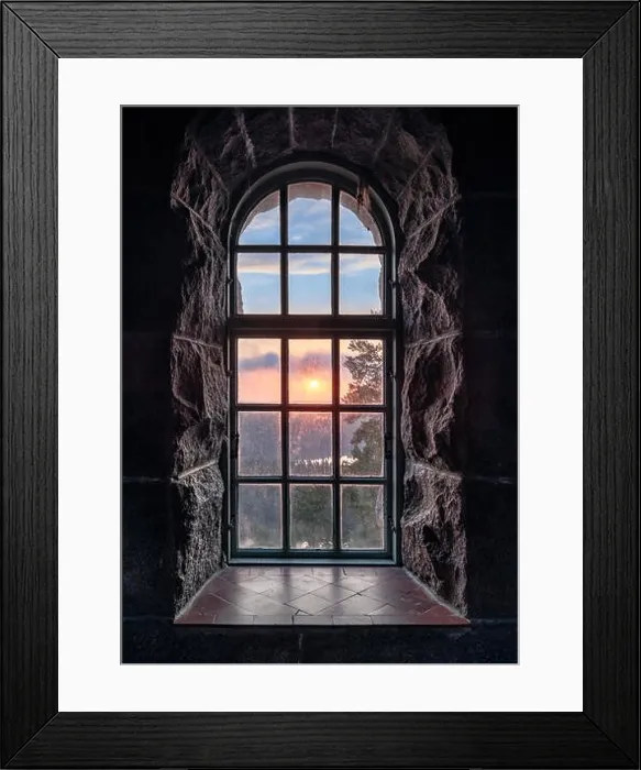 Framed Print : Cosy view looking through an old window with sunset at autumn morning in National Park, Finland Framed Print : Cosy view looking through an old window with sunset at autumn morning in National Park, Finland