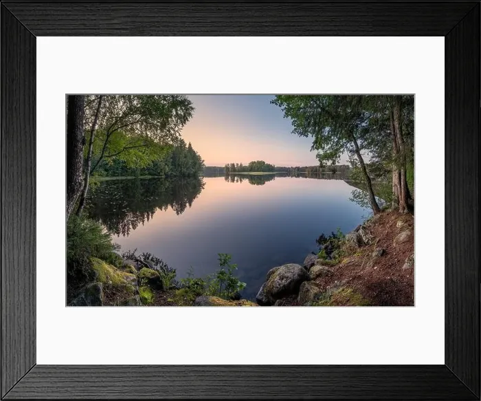 Framed Print : Scenic calm landscape with lake and sunset at autumn evening on Finland Framed Print : Scenic calm landscape with lake and sunset at autumn evening on Finland