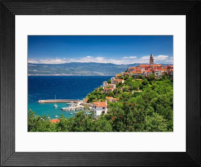 Framed Print : Vrbnik, Croatia. Aerial cityscape image of iconic village of Vrbnik, Croatia located on Krk Island at beautiful summer day Framed Print : Vrbnik, Croatia. Aerial cityscape image of iconic village of Vrbnik, Croatia located on Krk Island at beautiful summer day