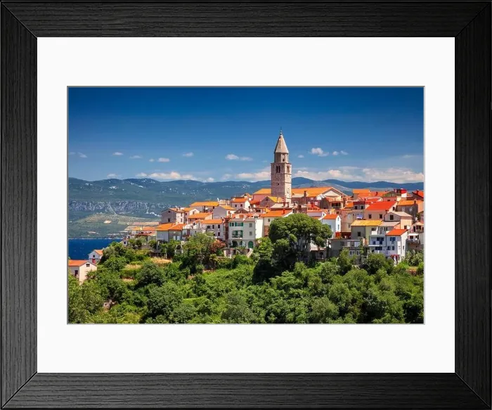 Framed Print : Vrbnik, Croatia. Aerial cityscape image of iconic village of Vrbnik, Croatia located on Krk Island at beautiful summer day Framed Print : Vrbnik, Croatia. Aerial cityscape image of iconic village of Vrbnik, Croatia located on Krk Island at beautiful summer day