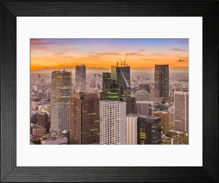 Framed Print : Tokyo, Japan financial buildings cityscape at dusk Framed Print : Tokyo, Japan financial buildings cityscape at dusk