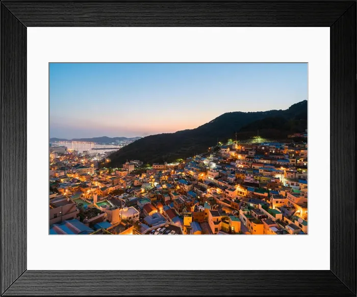 Framed Print : Gamcheon Culture Village formed by houses built in staircase-fashion on the foothills of a coastal mountain at night in Busan, South Korea