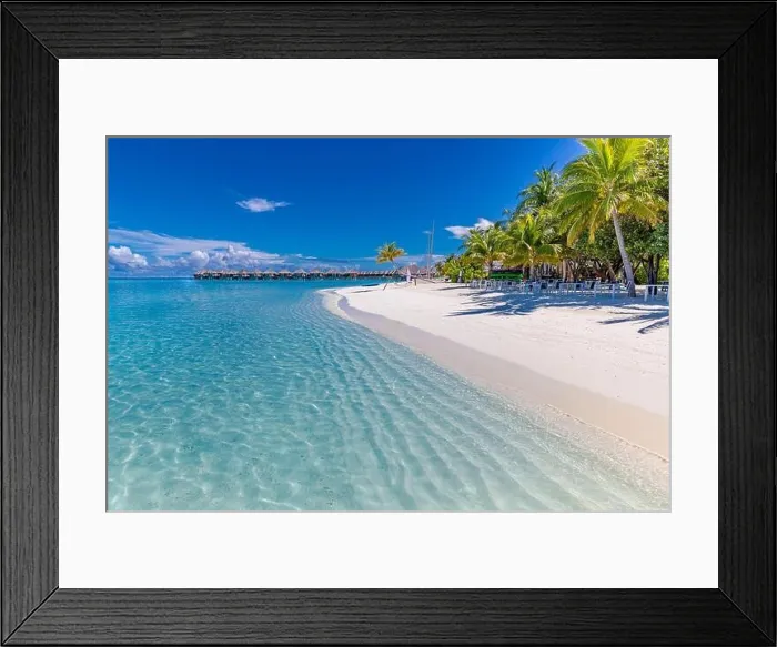 Framed Print : Tropical beach, Maldives. tranquil paradise island. Palm trees, white sand and blue sea, perfect summer vacation landscape or holiday tourism banner Framed Print : Tropical beach, Maldives. tranquil paradise island. Palm trees, white sand and blue sea, perfect summer vacation landscape or holiday tourism banner