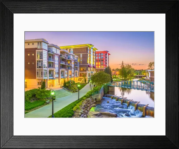 Framed Print : Greenville, South Carolina, USA downtown cityscape on the Reedy River at dusk