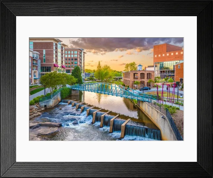 Framed Print : Greenville, South Carolina, USA downtown cityscape on the Reedy River at dusk Framed Print : Greenville, South Carolina, USA downtown cityscape on the Reedy River at dusk