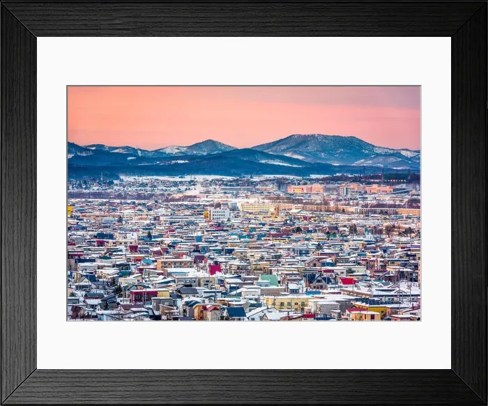 Framed Print : Asahikawa, Hokkaido, Japan town skyline in winter Framed Print : Asahikawa, Hokkaido, Japan town skyline in winter