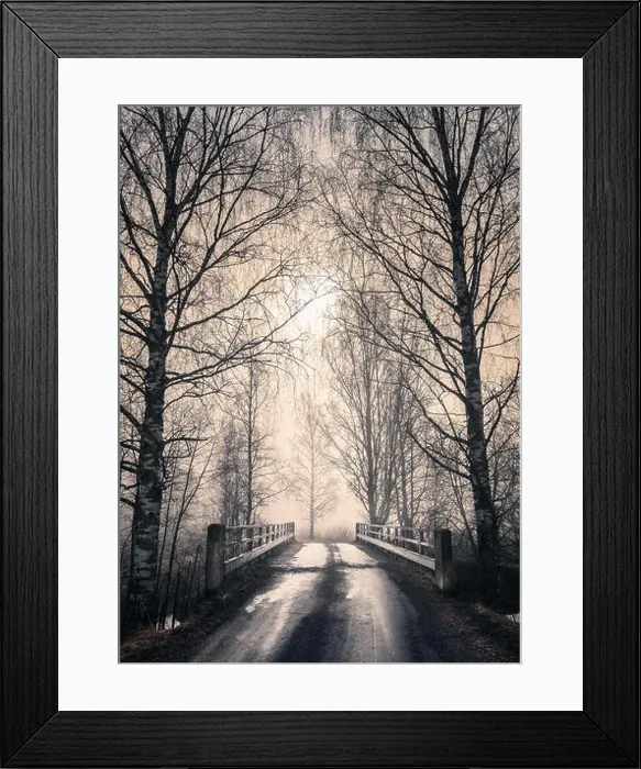 Framed Print : Foggy landscape with old bridge and road at spring morning in Finland