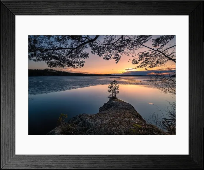 Framed Print : Scenic landscape with melting lake and sunset at beautiful spring evening in Finland Framed Print : Scenic landscape with melting lake and sunset at beautiful spring evening in Finland