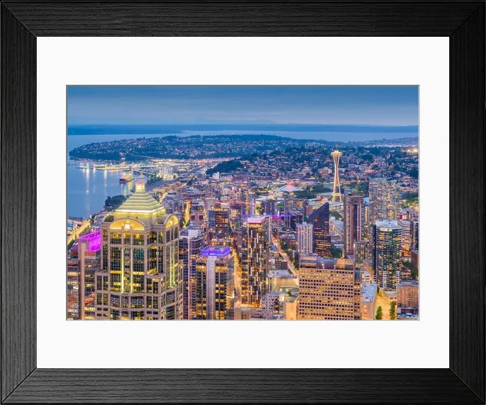 Framed Print : Seattle, Washington, USA downtown skyline from above at dusk