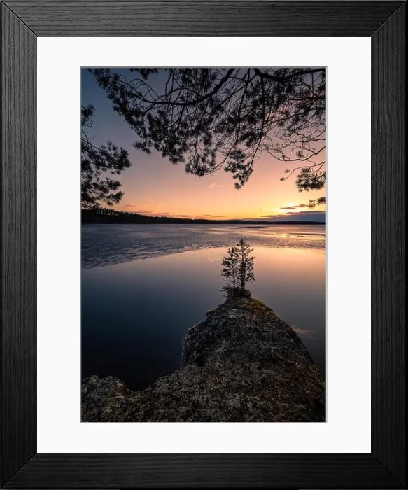 Framed Print : Scenic landscape with melting lake and sunset at beautiful spring evening in Finland Framed Print : Scenic landscape with melting lake and sunset at beautiful spring evening in Finland