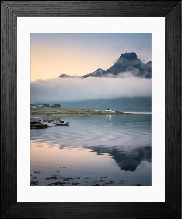 Framed Print : Scenic landscape with mountain reflection and low clouds at summer night in Lofoten, Norway Framed Print : Scenic landscape with mountain reflection and low clouds at summer night in Lofoten, Norway