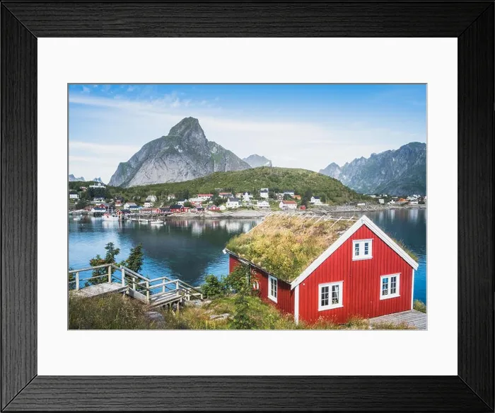 Framed Print : Scenic view from idyllic village with mountains at bright summer day in Hamnoy, Lofoten, Norway Framed Print : Scenic view from idyllic village with mountains at bright summer day in Hamnoy, Lofoten, Norway