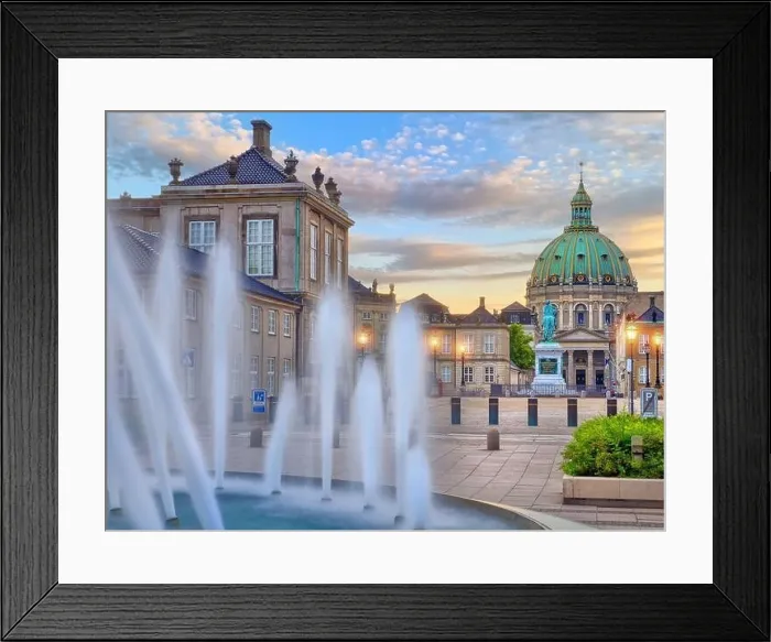 Framed Print : Copenhagen, Denmark - July 02, 2021: Frederik's Church known as The Marble Church and Amalienborg palace with the statue of King Frederick V. Amalienb Framed Print : Copenhagen, Denmark - July 02, 2021: Frederik's Church known as The Marble Church and Amalienborg palace with the statue of King Frederick V. Amalienb