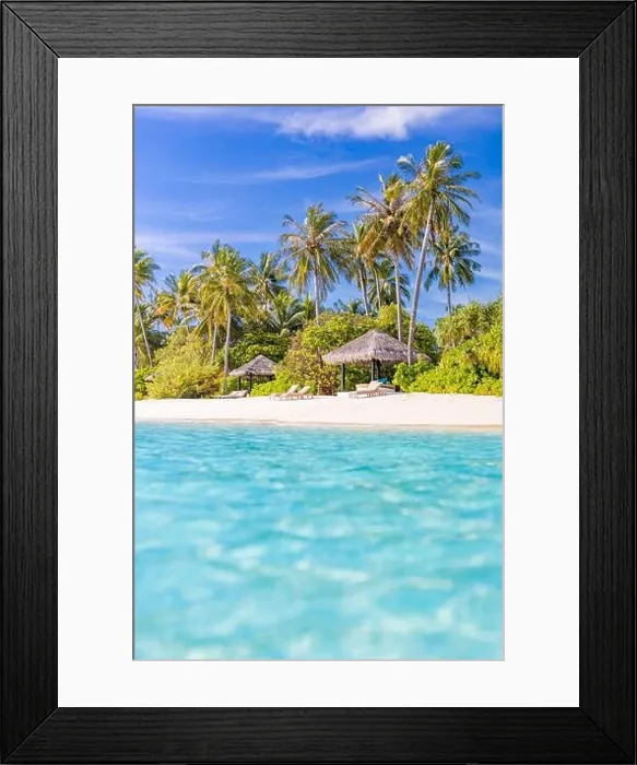 Framed Print : Dream beach landscape, tropical island paradise. Blue sky with clouds on sunny summer day. Perfect landscape background for relaxing vacation Framed Print : Dream beach landscape, tropical island paradise. Blue sky with clouds on sunny summer day. Perfect landscape background for relaxing vacation