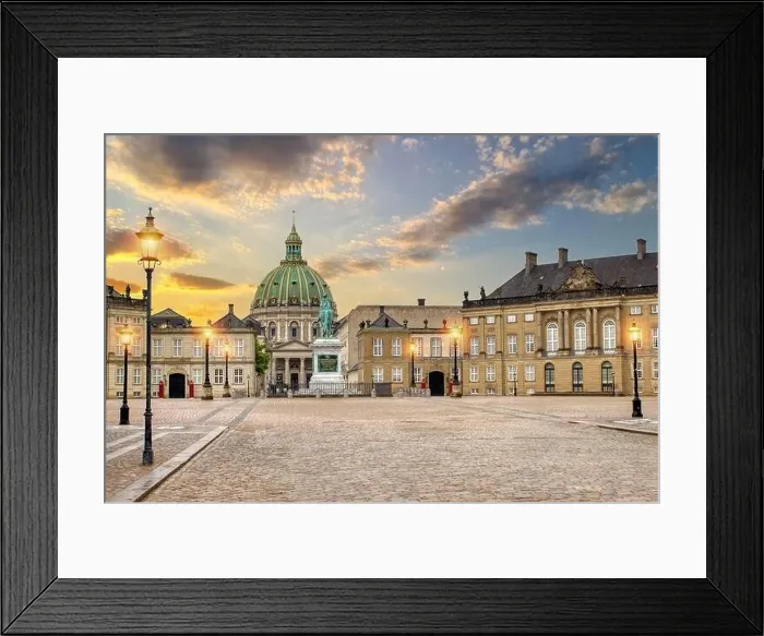 Framed Print : Copenhagen, Denmark - July 02, 2021: Frederik's Church known as The Marble Church and Amalienborg palace with the statue of King Frederick V. Amalienb Framed Print : Copenhagen, Denmark - July 02, 2021: Frederik's Church known as The Marble Church and Amalienborg palace with the statue of King Frederick V. Amalienb